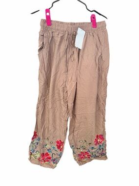 Embroidered Floral Beige Cotton Pants mad in India